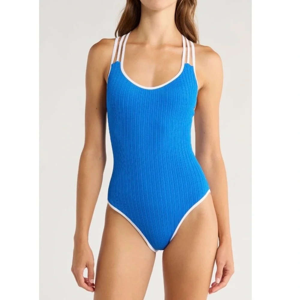 Becca Coral Crush One-Piece Blue Ribbed Strappy Racerback Swimsuit Size M